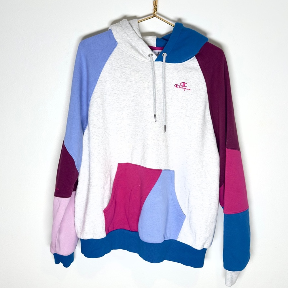 Champion Color-block Patchwork Sweatshirt Hoodie Gray Blue Purple Pink XL